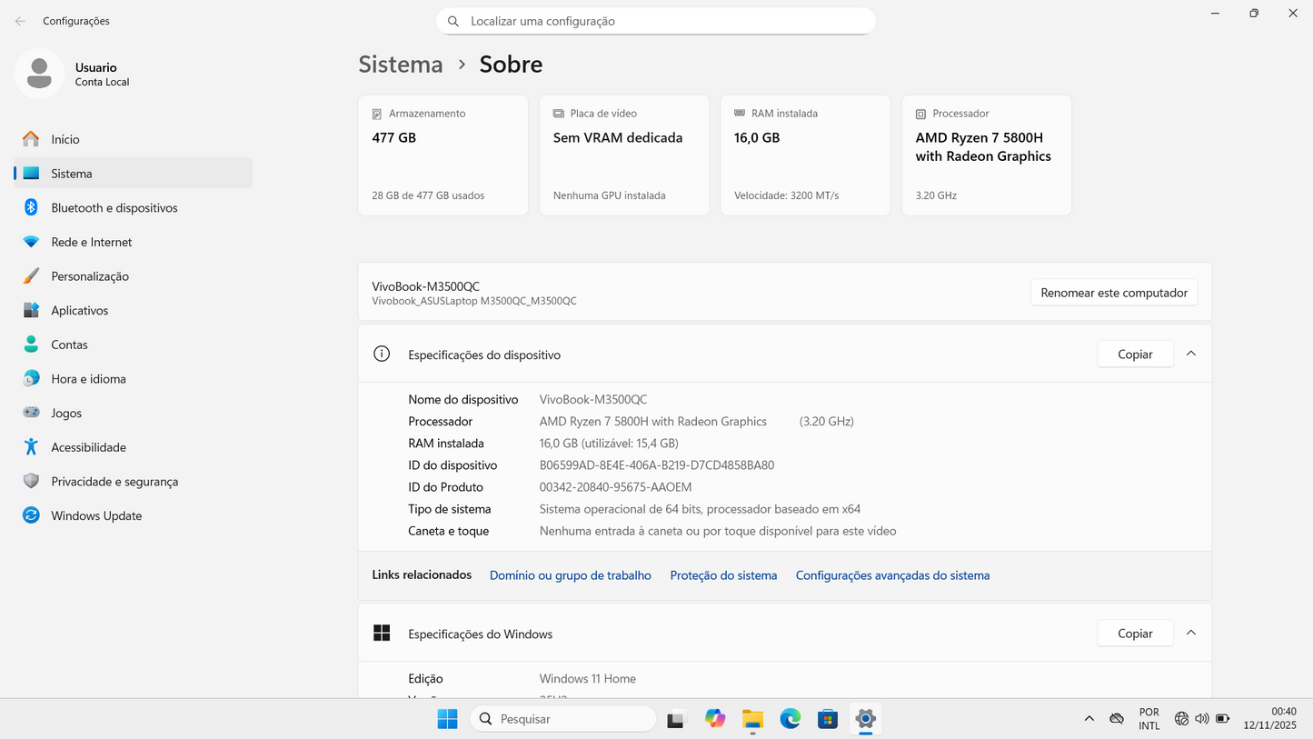 Notebook ASUS VivoBook Pro 15 OLED Ultrafino - RTX 3050 - Ryzen 7 5800H